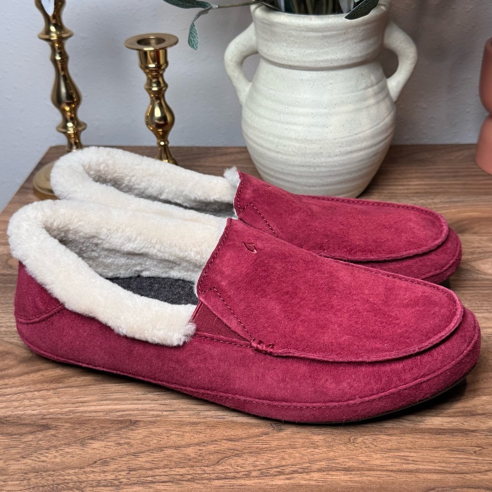 OluKai Women’s Size 10 Ku'una Lilikoi Leather Slip On Shoes Shearling Cozy Soft - Picture 2 of 6
